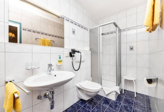 Badezimmer mit Waschbecken, Dusche und WC